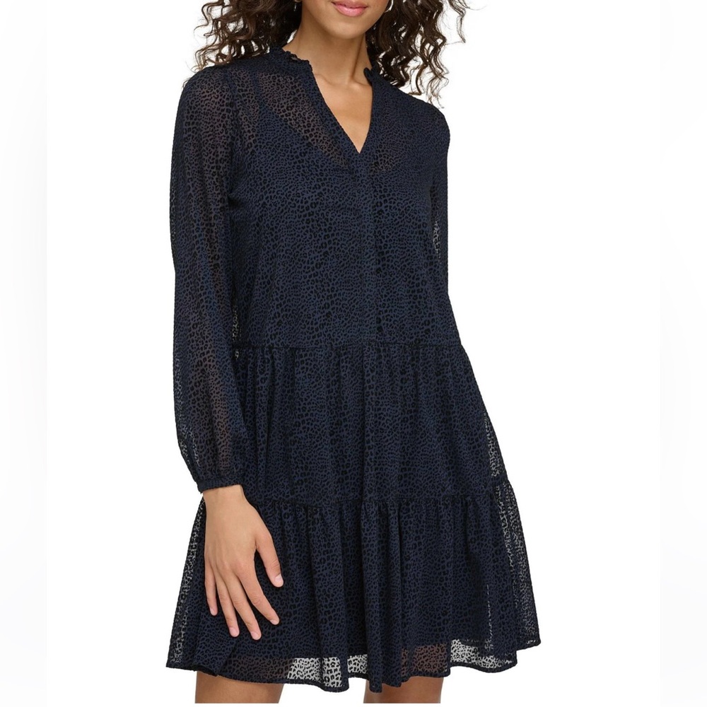 Tommy Hilfiger Navy Chiffon Long Sleeve Leopard Pattern Shift Dress Size 8 NWT